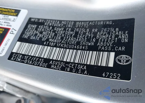 2012 Toyota Camry Se из США, поврежденный, VIN 4T1BF1FK9CU046845